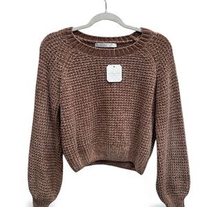 Altar'd State Brown Knit Crew Neck Sweater-Waffle-Knit Chenille Sweater